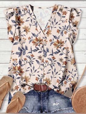 Floral V-Neck Flutter Sleeve Top - Cream/Blue/Brown NWOT